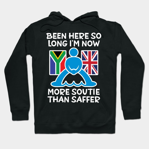 Now More Soutie Than Saffer - Funny design showing the flags of South Africa and the United Kingdom with a pictogram soutie straddling the water between the two. Hoodie by RobiMerch